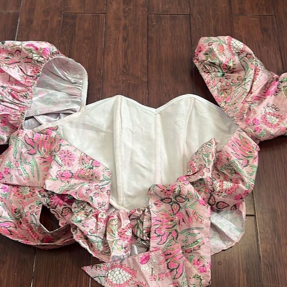 Hemant and Nandita Floral Crop Top - NWOT - Pink Puffed Shoulders - Picture 3 of 5